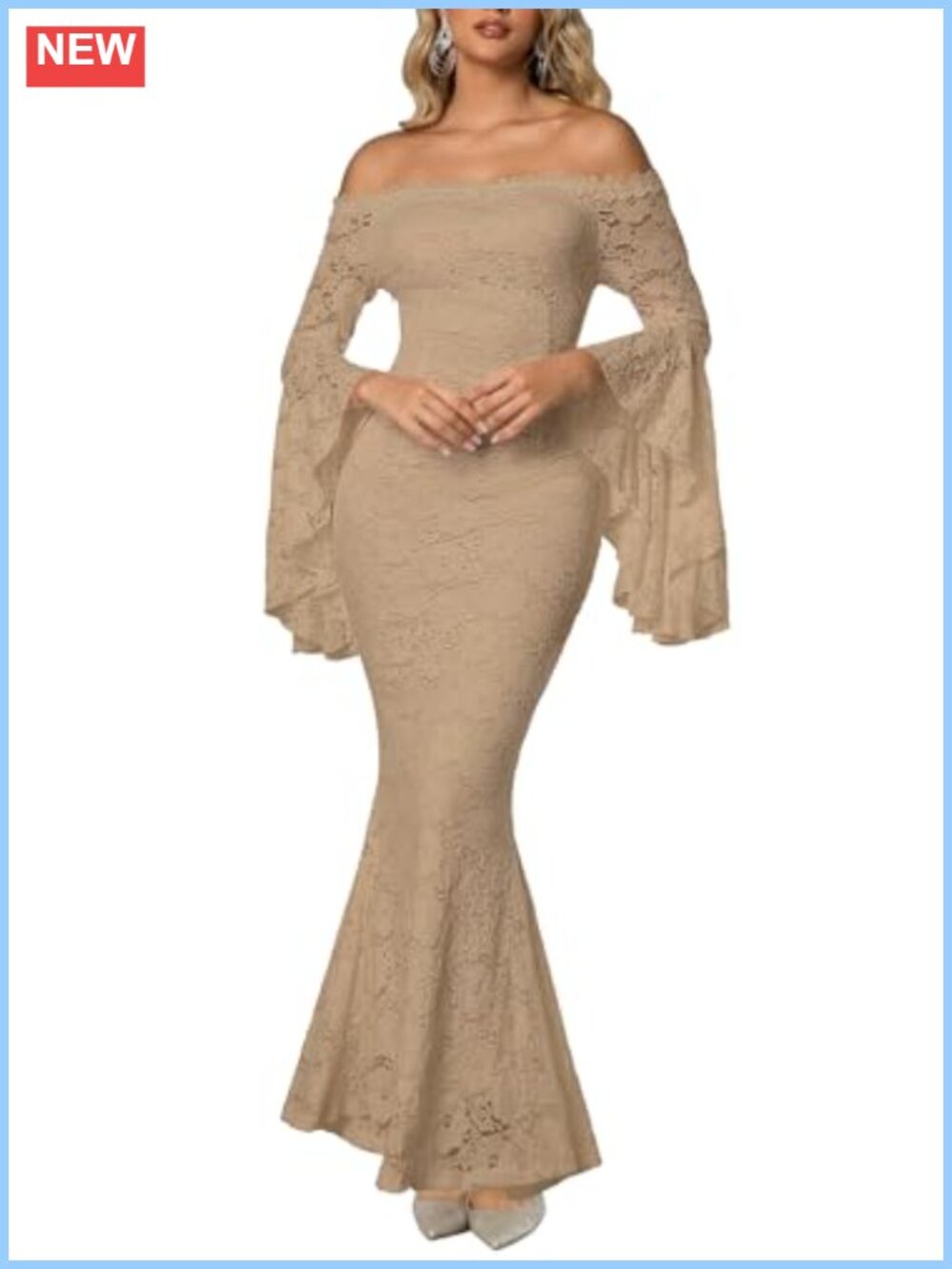 Off Shoulder Lace Maxi Wedding Dress Bell Sleeve Mermaid Formal